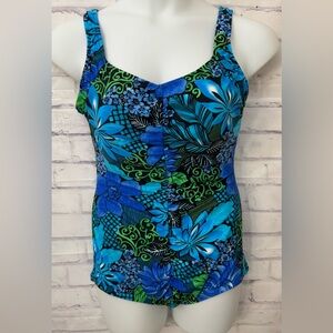 Azul Sz 16 Blue Floral Modest One Piece Swim Suit Slimming Soft Cups Resort Wear